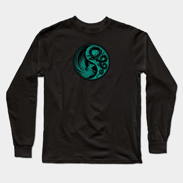 Teal Blue and Black Dragon Phoenix Yin Yang Long Sleeve T-Shirt by jeffbartels